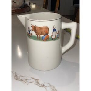Vintage Ceramic Pastoral Cow Pitcher Gold Trim Farmhouse Milk Jug 6.5 Inch